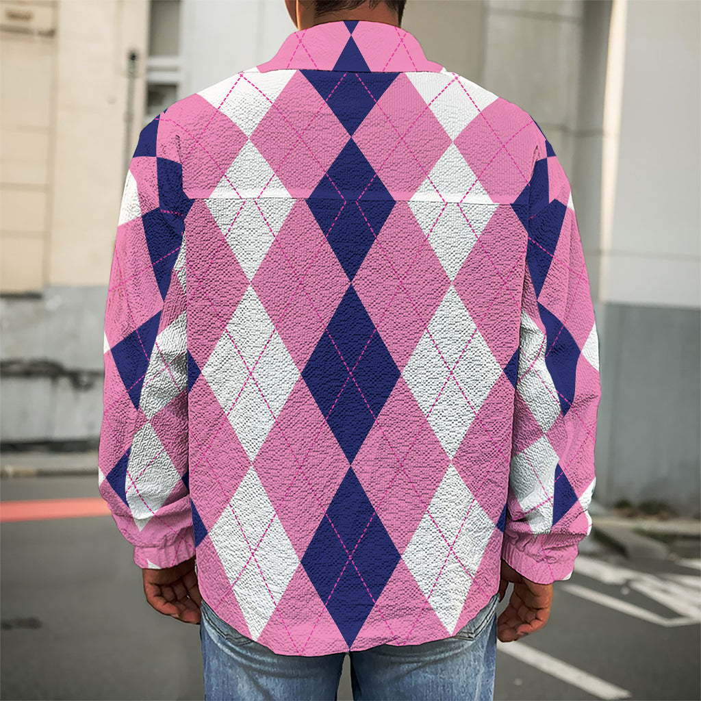 Pink Blue And White Argyle Pattern Print Men's Shirt Jacket