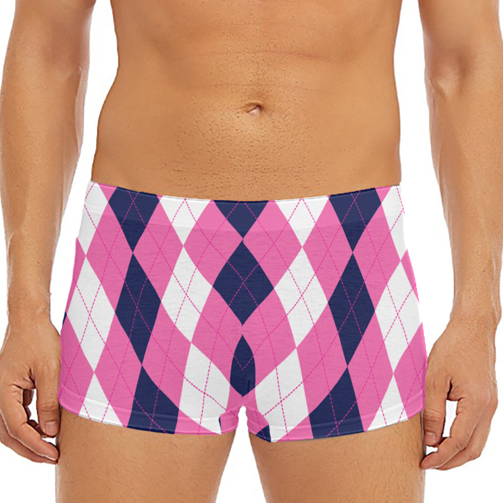Pink Blue And White Argyle Pattern Print Men's Short Boxer Briefs