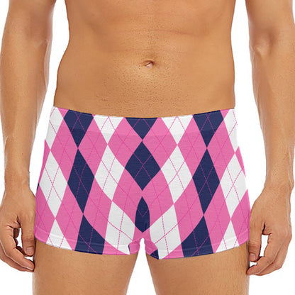 Pink Blue And White Argyle Pattern Print Men's Short Boxer Briefs