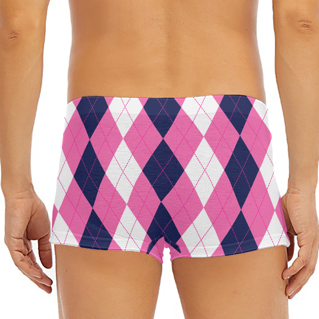 Pink Blue And White Argyle Pattern Print Men's Short Boxer Briefs