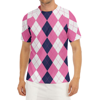 Pink Blue And White Argyle Pattern Print Men's Short Sleeve Rash Guard