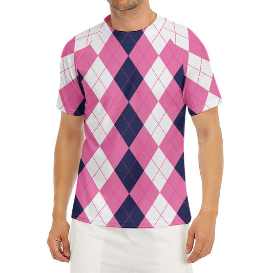 Pink Blue And White Argyle Pattern Print Men's Short Sleeve Rash Guard