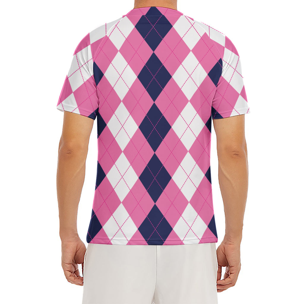 Pink Blue And White Argyle Pattern Print Men's Short Sleeve Rash Guard