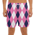 Pink Blue And White Argyle Pattern Print Men's Split Running Shorts