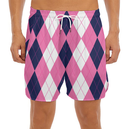 Pink Blue And White Argyle Pattern Print Men's Split Running Shorts