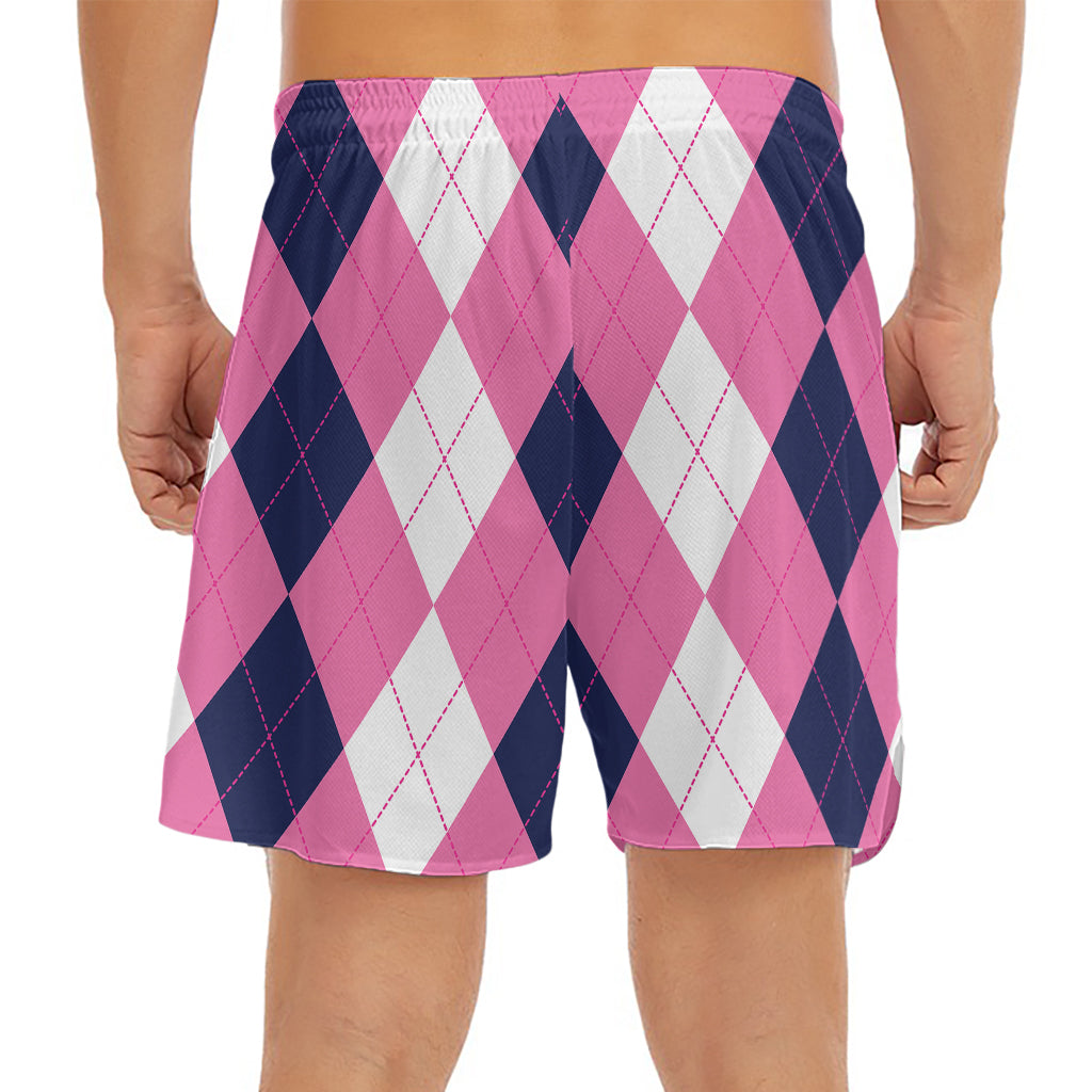 Pink Blue And White Argyle Pattern Print Men's Split Running Shorts