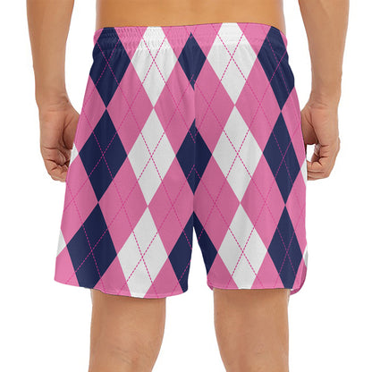 Pink Blue And White Argyle Pattern Print Men's Split Running Shorts