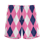Pink Blue And White Argyle Pattern Print Men's Sports Shorts