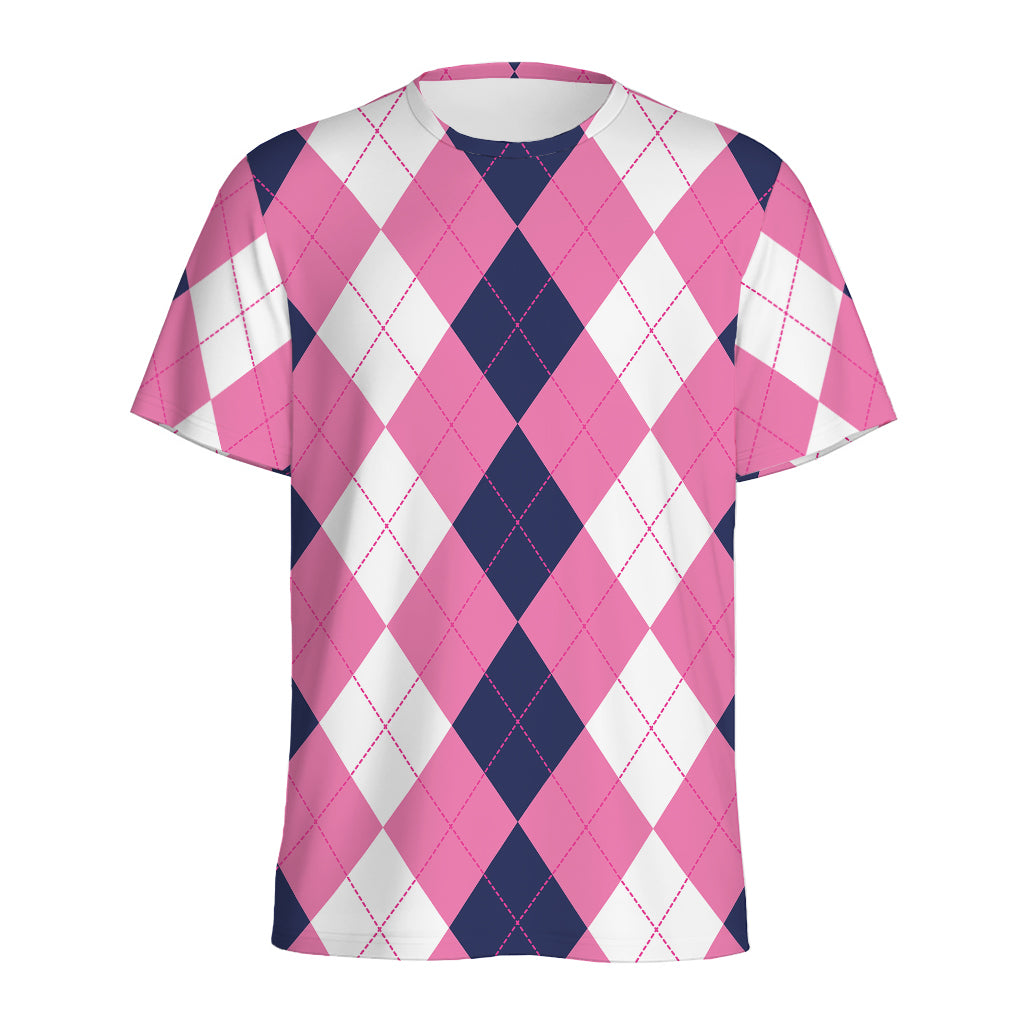 Pink Blue And White Argyle Pattern Print Men's Sports T-Shirt
