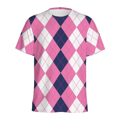 Pink Blue And White Argyle Pattern Print Men's Sports T-Shirt