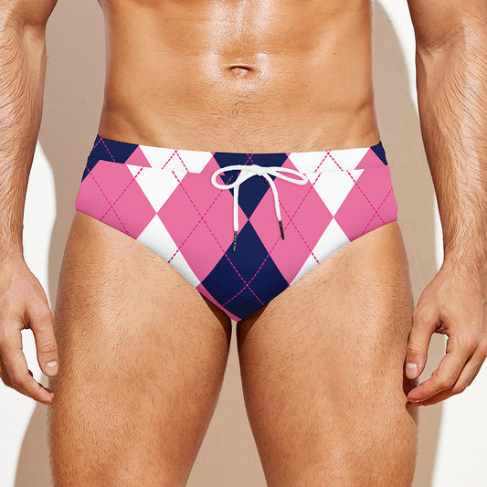 Pink Blue And White Argyle Pattern Print Men's Swim Briefs