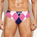 Pink Blue And White Argyle Pattern Print Men's Swim Briefs