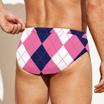 Pink Blue And White Argyle Pattern Print Men's Swim Briefs