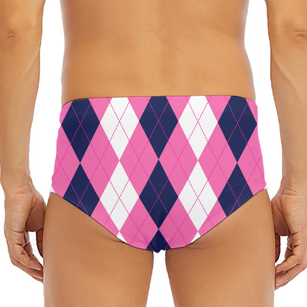 Pink Blue And White Argyle Pattern Print Men's Triangle Swim Briefs