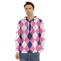 Pink Blue And White Argyle Pattern Print Men's Velvet Pullover Hoodie