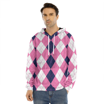 Pink Blue And White Argyle Pattern Print Men's Velvet Pullover Hoodie