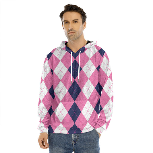 Pink Blue And White Argyle Pattern Print Men's Velvet Pullover Hoodie