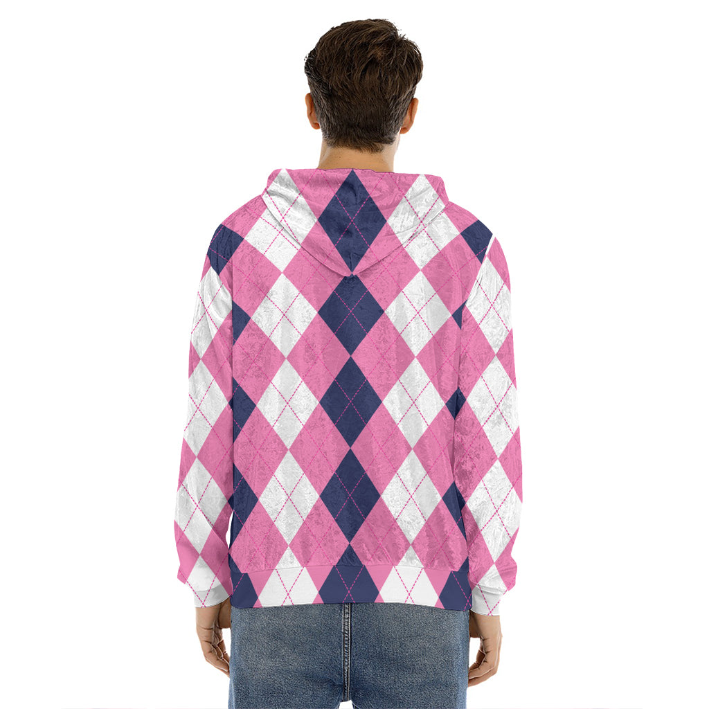 Pink Blue And White Argyle Pattern Print Men's Velvet Pullover Hoodie