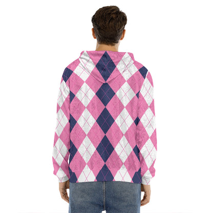 Pink Blue And White Argyle Pattern Print Men's Velvet Pullover Hoodie