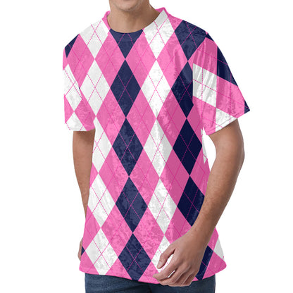 Pink Blue And White Argyle Pattern Print Men's Velvet T-Shirt