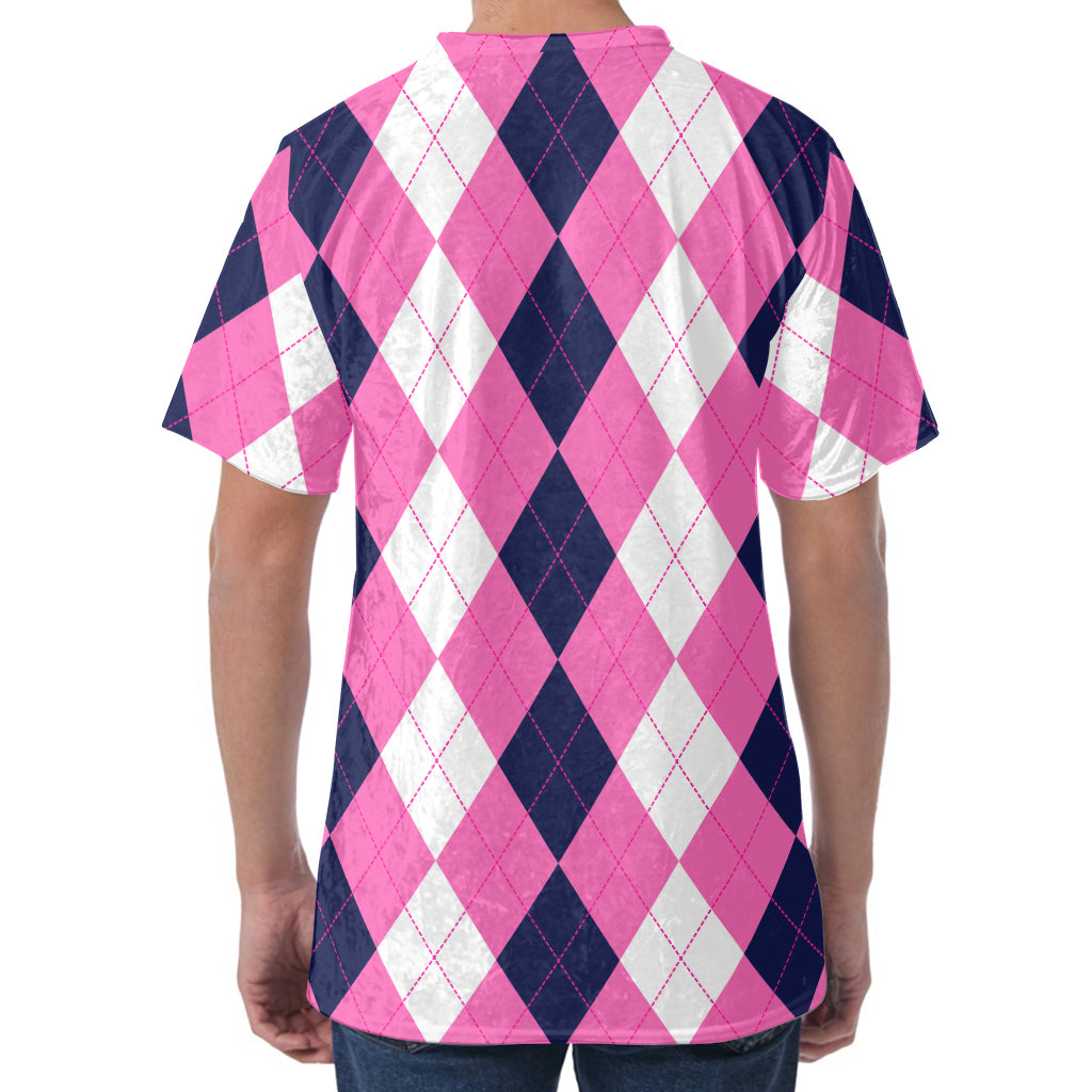 Pink Blue And White Argyle Pattern Print Men's Velvet T-Shirt
