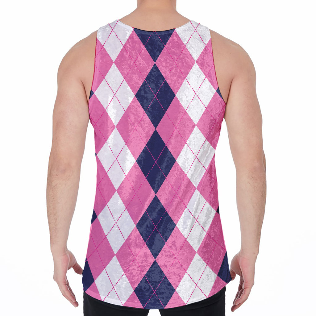 Pink Blue And White Argyle Pattern Print Men's Velvet Tank Top