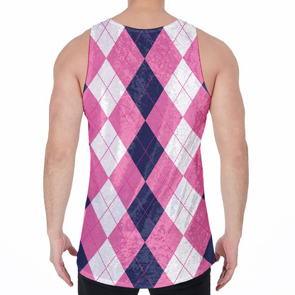 Pink Blue And White Argyle Pattern Print Men's Velvet Tank Top