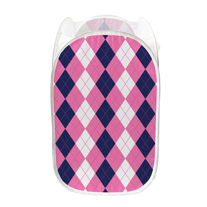 Pink Blue And White Argyle Pattern Print Mesh Laundry Hamper