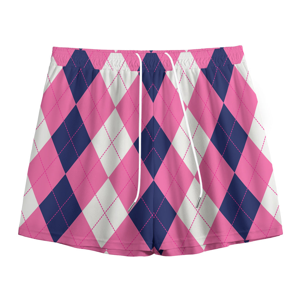 Pink Blue And White Argyle Pattern Print Mesh Shorts