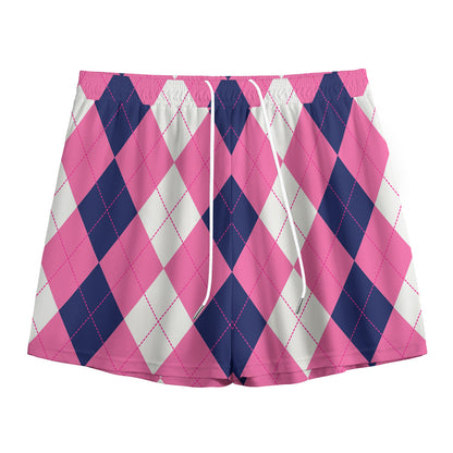 Pink Blue And White Argyle Pattern Print Mesh Shorts
