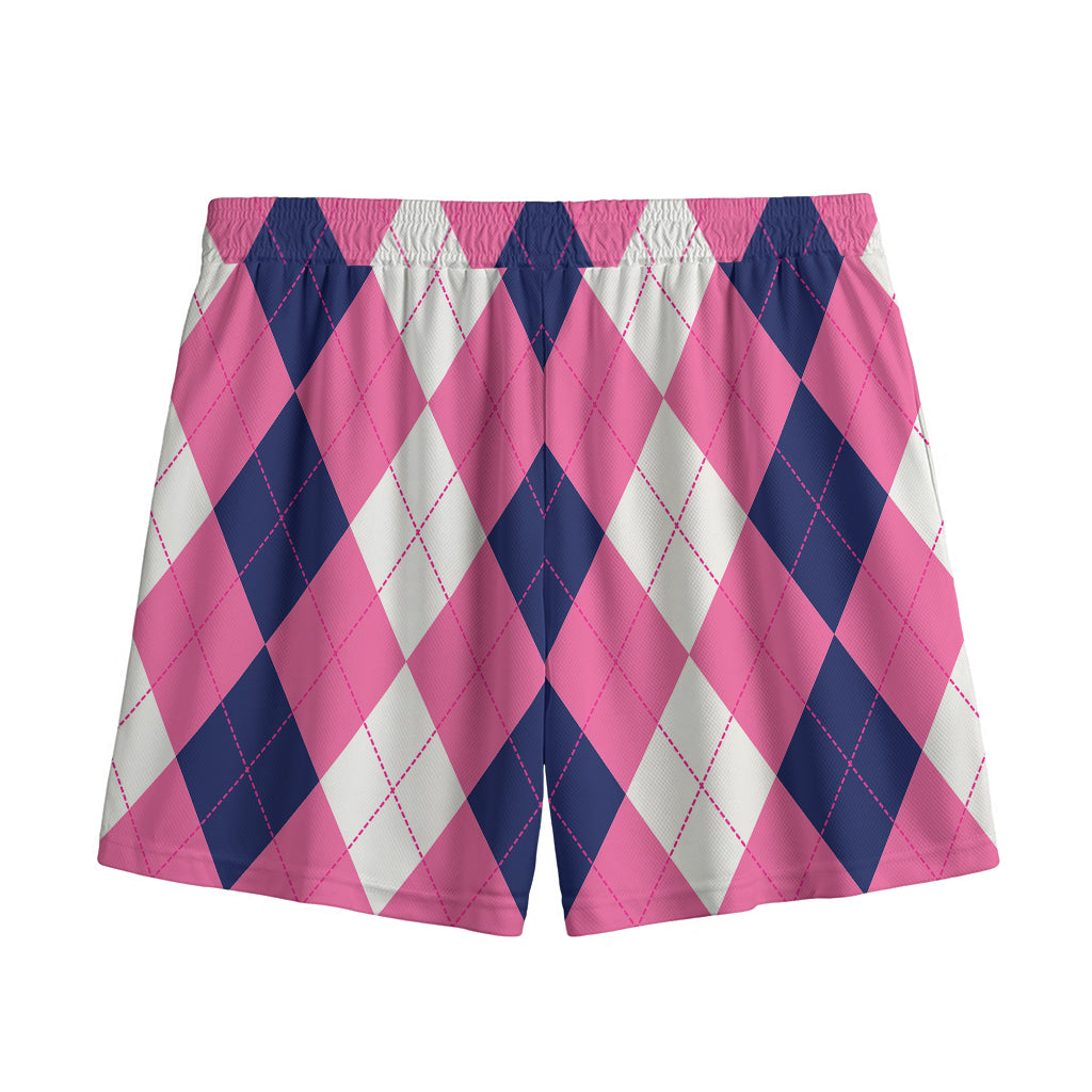 Pink Blue And White Argyle Pattern Print Mesh Shorts