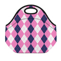 Pink Blue And White Argyle Pattern Print Neoprene Lunch Bag