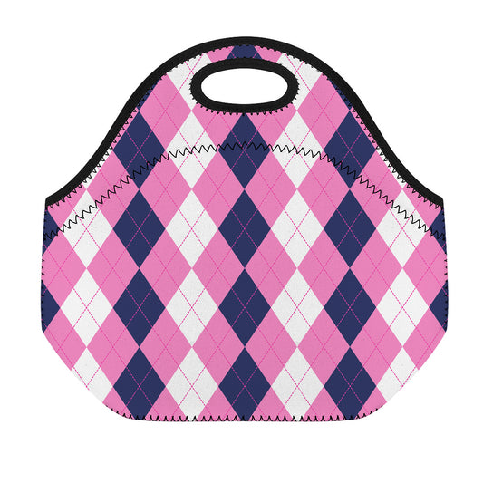 Pink Blue And White Argyle Pattern Print Neoprene Lunch Bag
