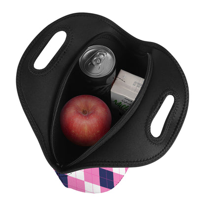Pink Blue And White Argyle Pattern Print Neoprene Lunch Bag