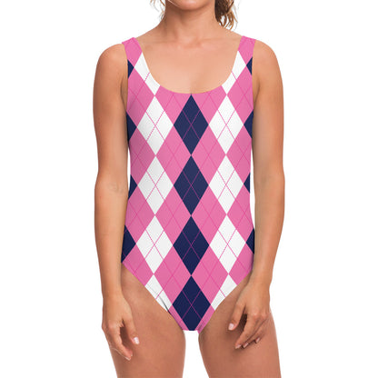 Pink Blue And White Argyle Pattern Print One Piece Swimsuit