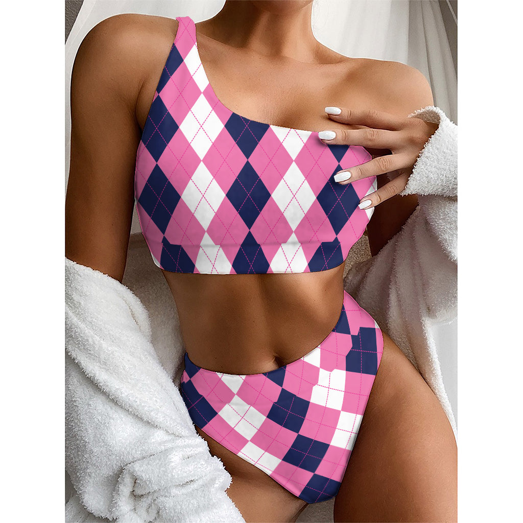 Pink Blue And White Argyle Pattern Print One Shoulder Bikini Top