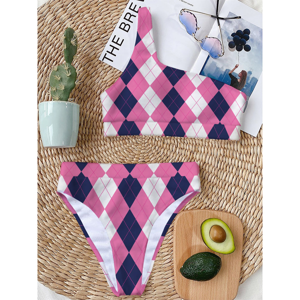 Pink Blue And White Argyle Pattern Print One Shoulder Bikini Top