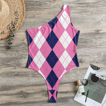 Pink Blue And White Argyle Pattern Print One Shoulder Bodysuit