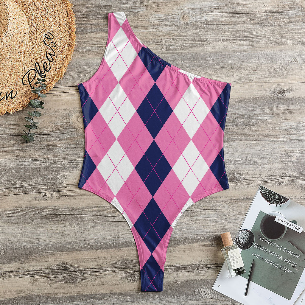 Pink Blue And White Argyle Pattern Print One Shoulder Bodysuit