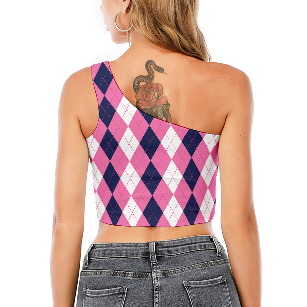 Pink Blue And White Argyle Pattern Print One Shoulder Crop Top