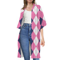 Pink Blue And White Argyle Pattern Print Open Front Beach Cover Up