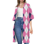 Pink Blue And White Argyle Pattern Print Open Front Beach Cover Up
