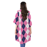 Pink Blue And White Argyle Pattern Print Open Front Beach Cover Up