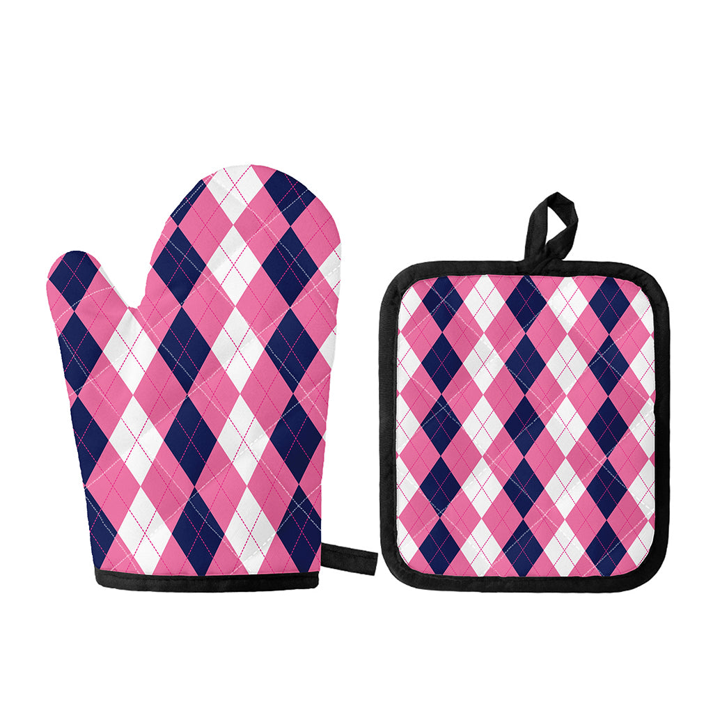 Pink Blue And White Argyle Pattern Print Oven Mitt And Pot Holder Set