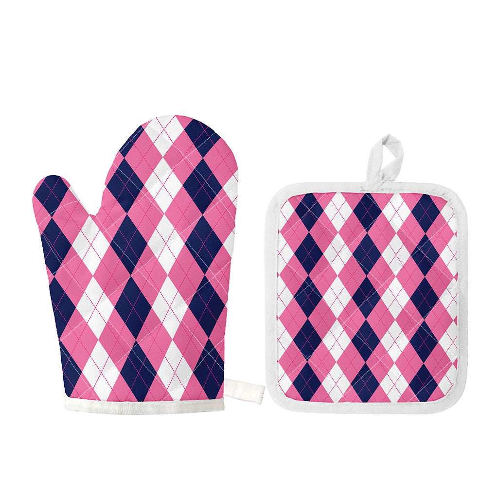 Pink Blue And White Argyle Pattern Print Oven Mitt And Pot Holder Set