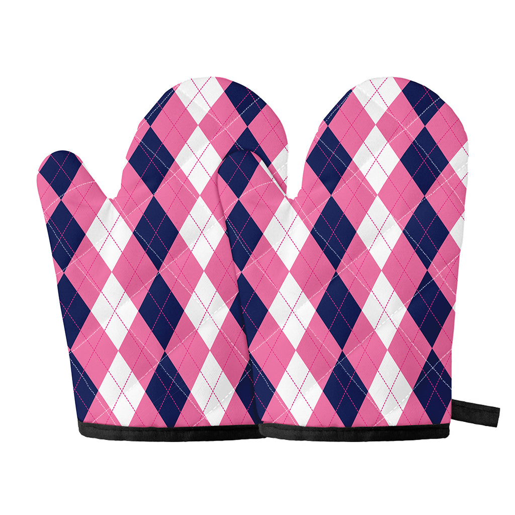 Pink Blue And White Argyle Pattern Print Oven Mitts