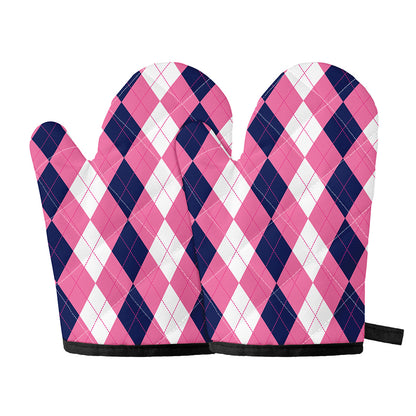 Pink Blue And White Argyle Pattern Print Oven Mitts