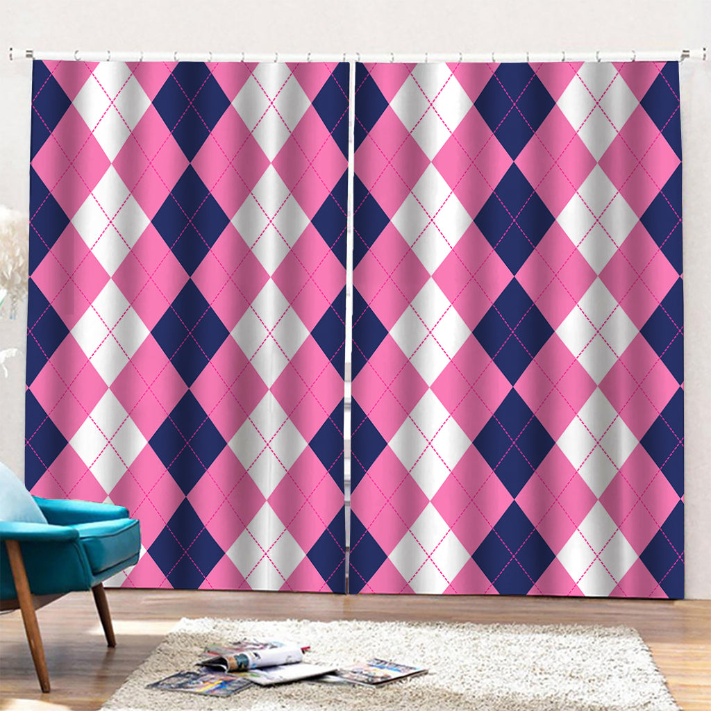 Pink Blue And White Argyle Pattern Print Pencil Pleat Curtains