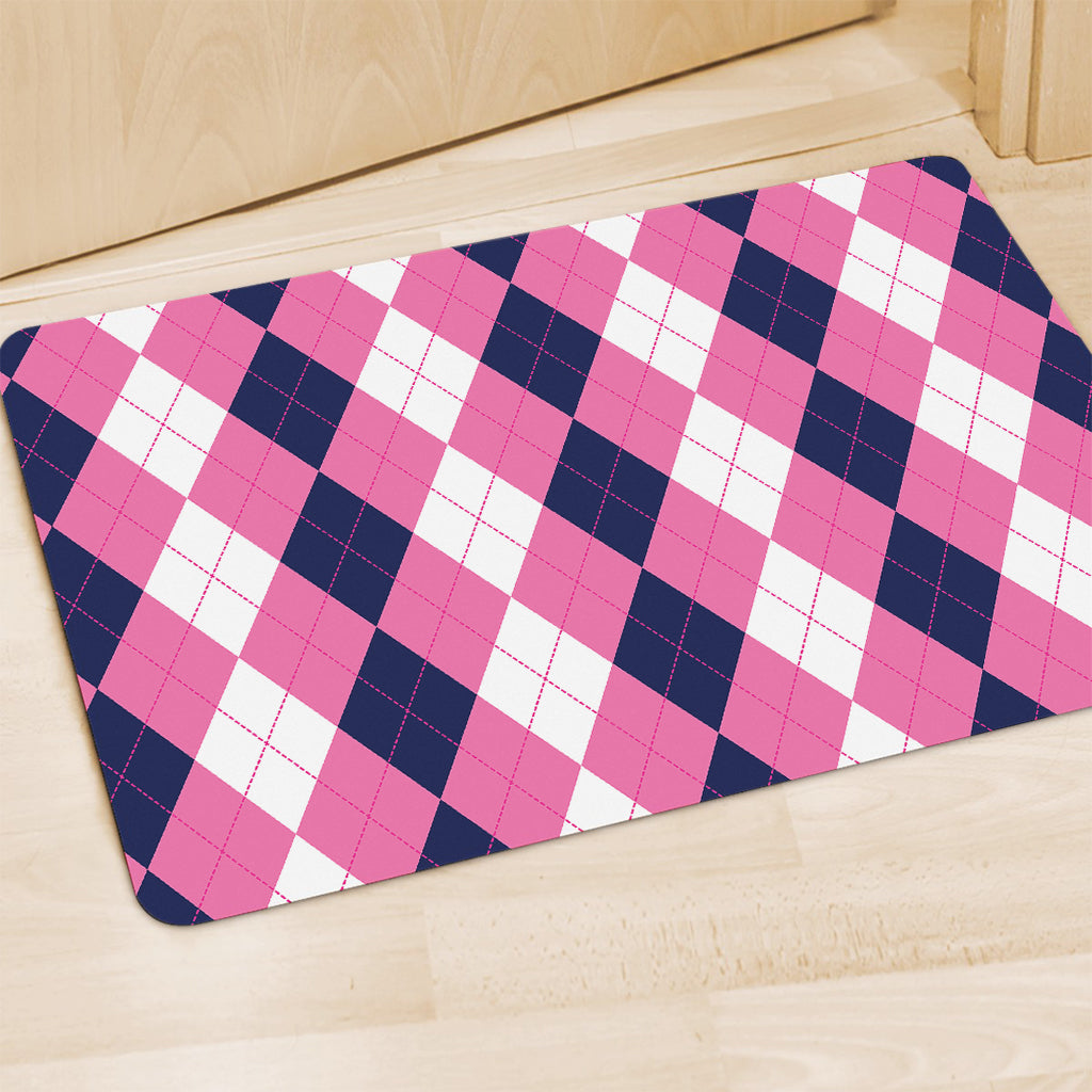 Pink Blue And White Argyle Pattern Print Polyester Doormat