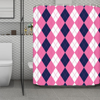 Pink Blue And White Argyle Pattern Print Polyester Shower Curtain